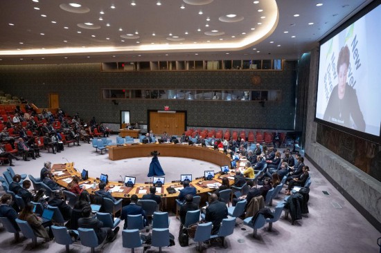 這是2023年11月20日在位于紐約的聯(lián)合國總部拍攝的安理會“共同發(fā)展促進持久和平”公開辯論會現(xiàn)場。中國作為輪值主席，倡議聯(lián)合國安理會20日舉行主題為“共同發(fā)展促進持久和平”的公開辯論會。新華社發(fā)（聯(lián)合國供圖/埃斯金德·德貝卜攝）