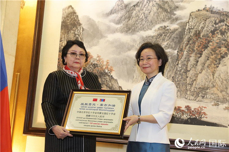 沈大使向?qū)殑跔柆敚ㄗ螅┟貢?shū)長(zhǎng)轉(zhuǎn)交捐款。人民網(wǎng)記者 霍文攝